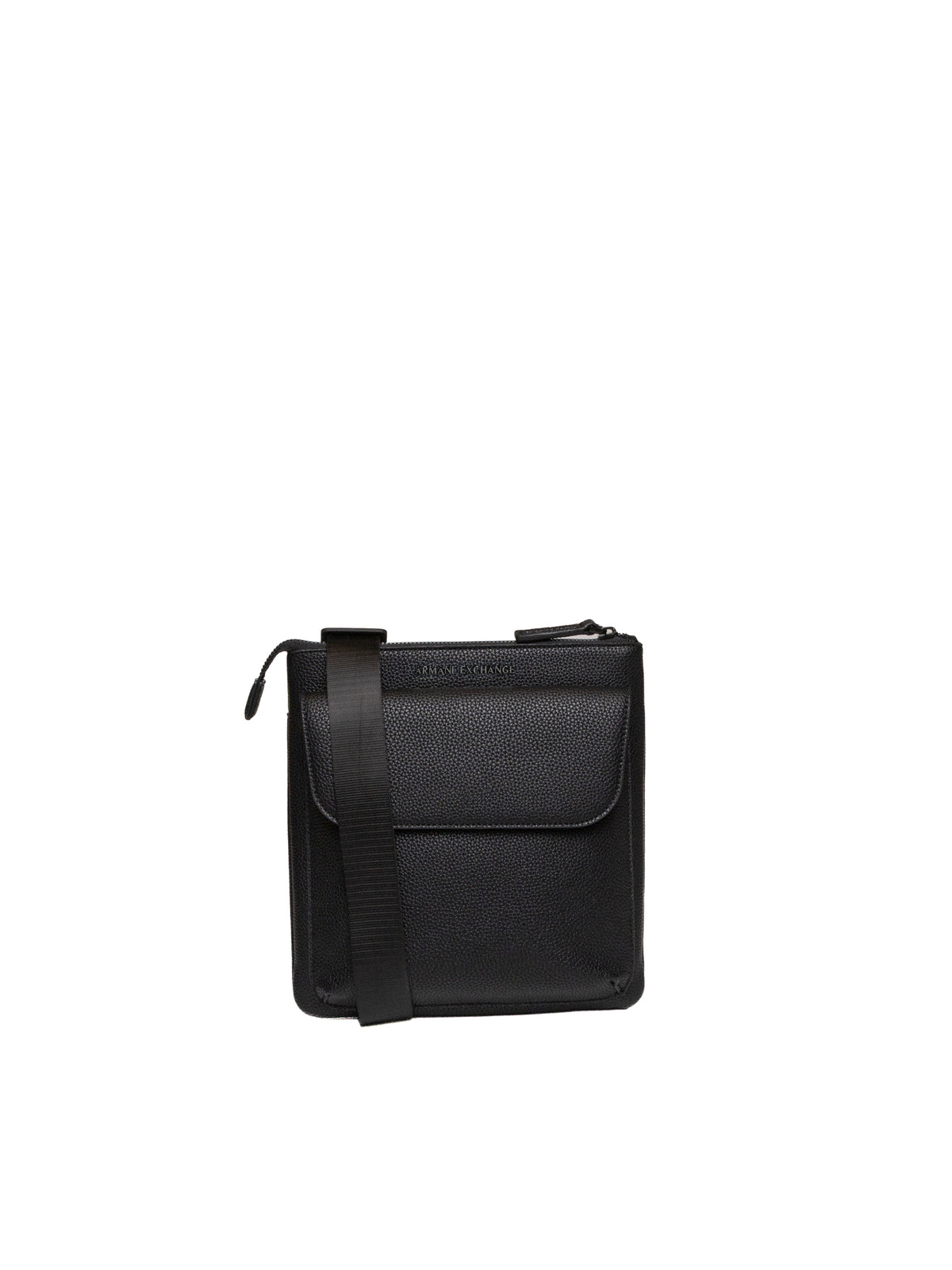Borsa a tracolla nera Armani Exchange in pelle martellata vista frontale con patta