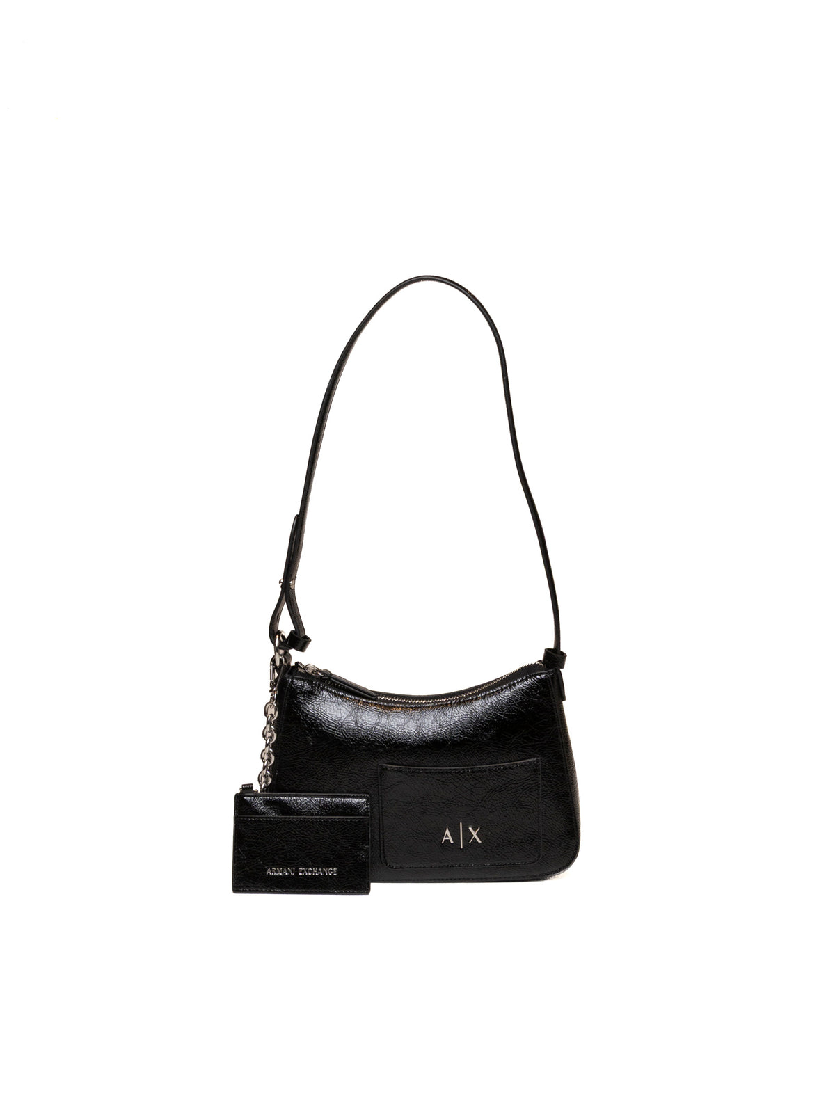 Borsa a spalla in pelle nera Armani Exchange con logo frontale e borsellino a catena