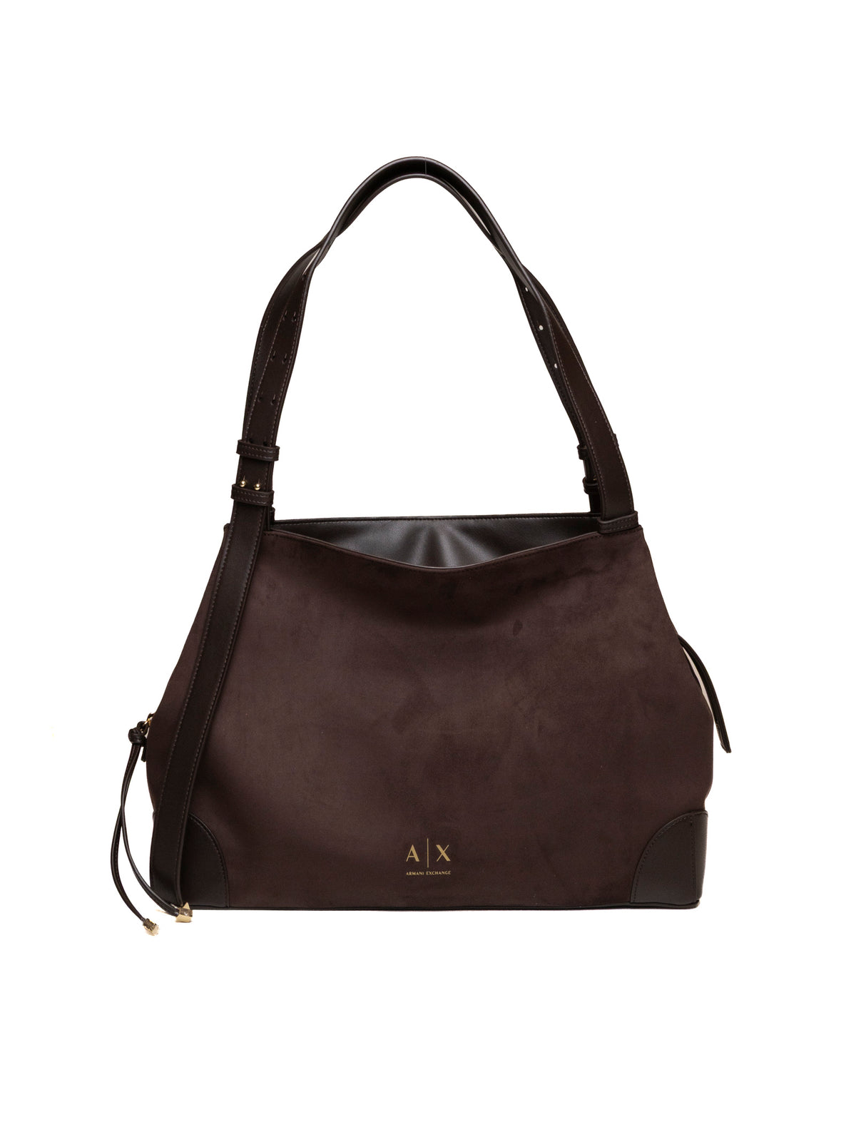 Borsa a spalla hobo in camoscio moro Armani Exchange vista frontale con logo dorato