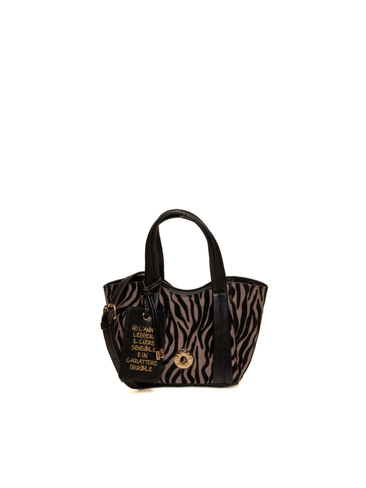 Mini tote zebrata tortora e nera Le Pandorine vista frontale con tag e placca dorata