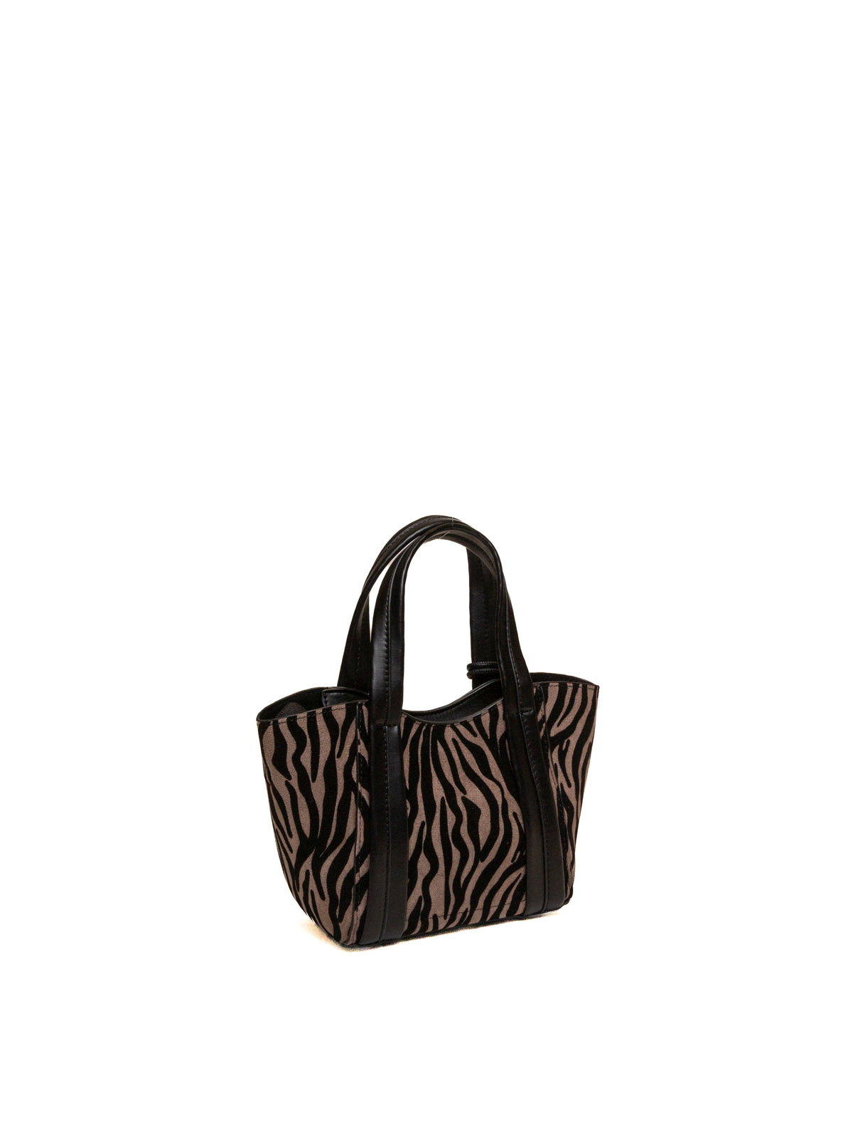 Mini tote zebrata tortora e nera Le Pandorine vista di tre quarti dal retro