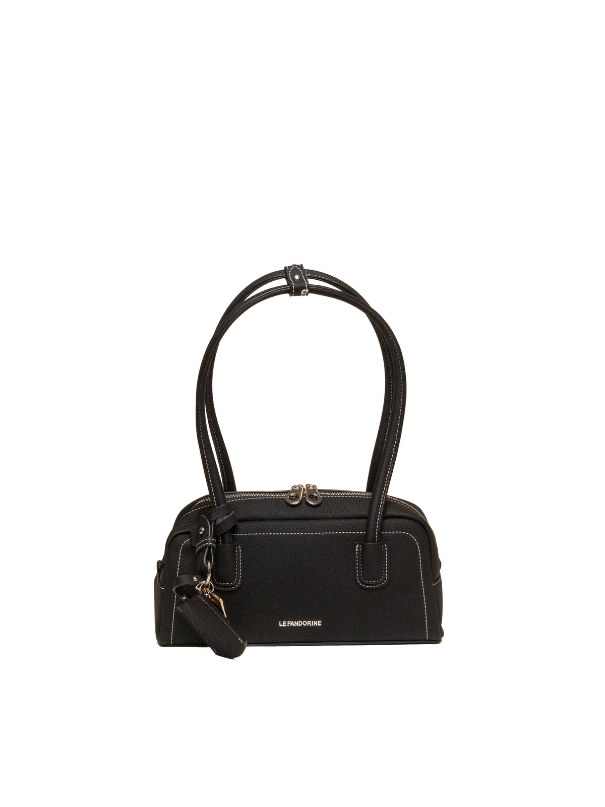 Borsa hobo Le Pandorine in pelle nera vista frontale con logo bianco e pendente