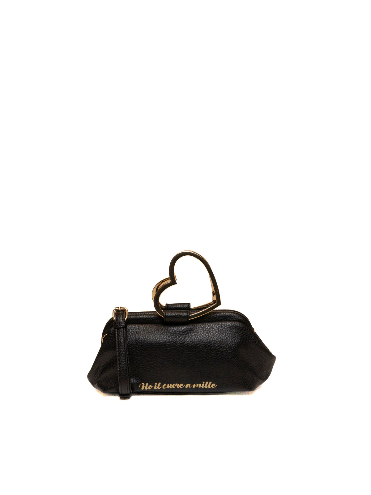 Pochette in pelle nera Le Pandorine con manico a cuore dorato e scritta frontale