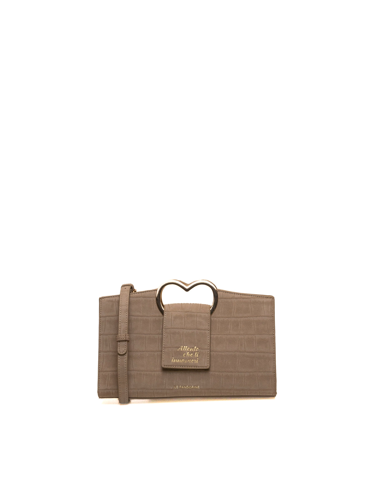 Pochette Parigi in pelle beige LE PANDORINE vista frontale con manico a cuore e tracolla