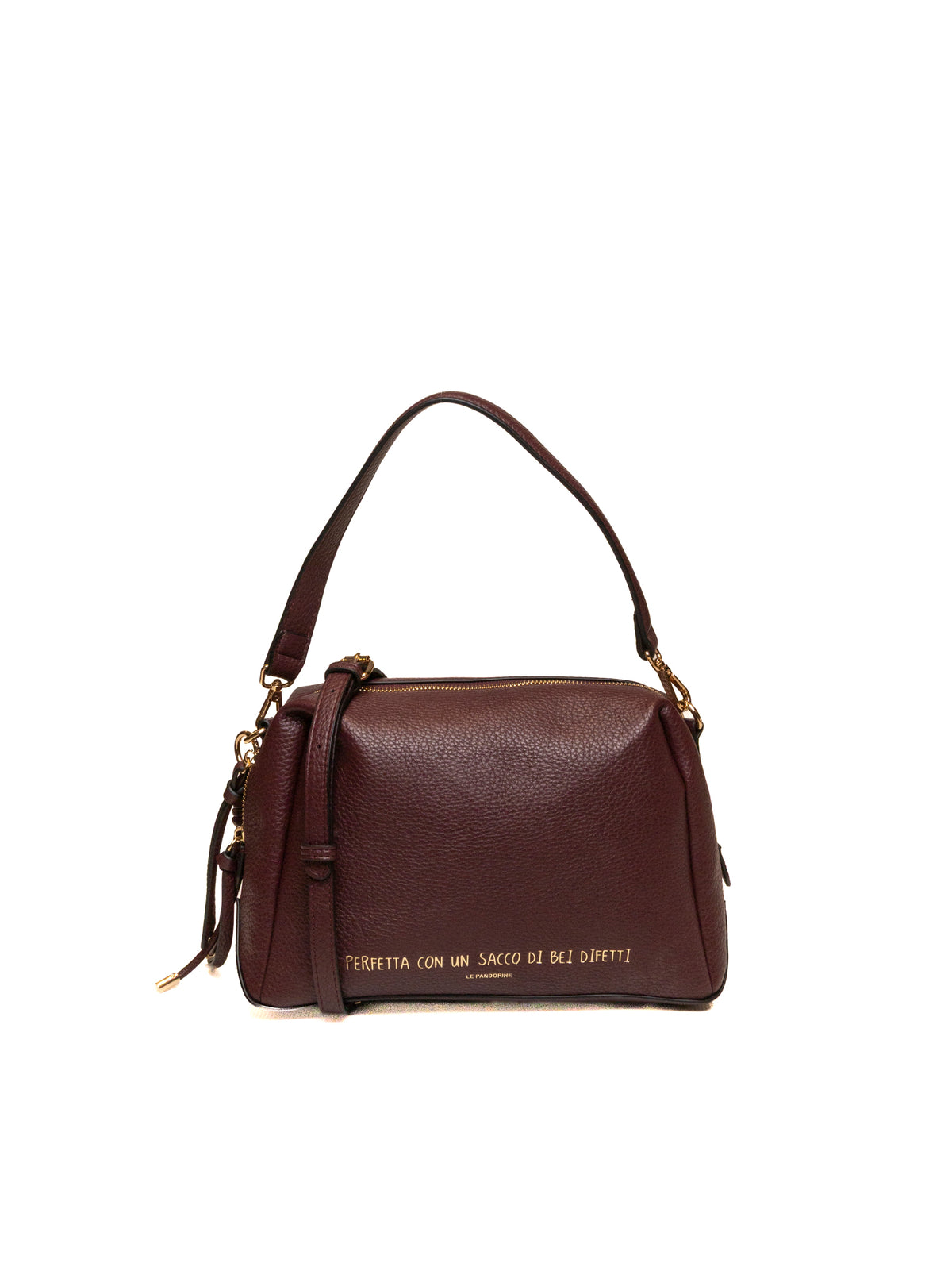 Borsa a spalla in pelle vinaccia Le Pandorine con scritta dorata vista frontale