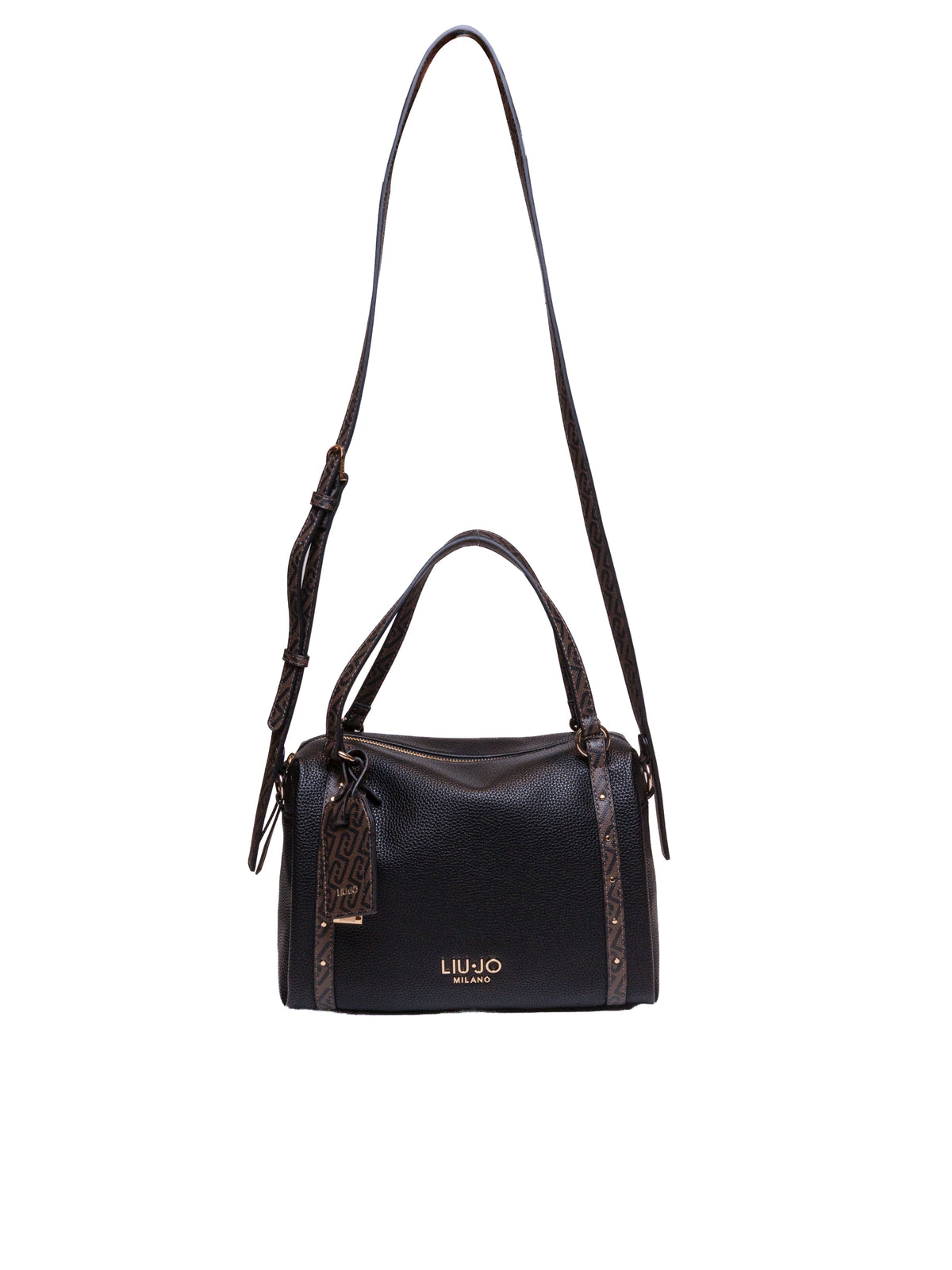 Borsa a bauletto in pelle nera LIU JO vista frontale con tracolla e logo