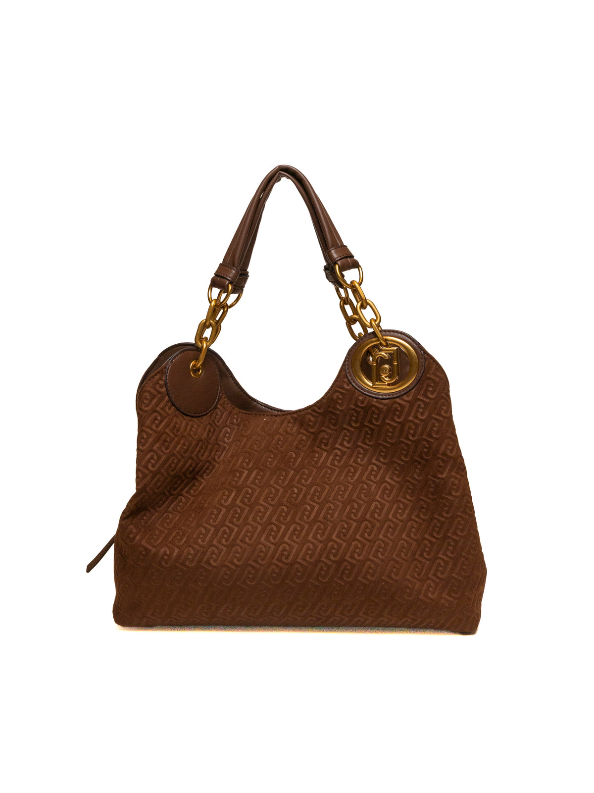 Borsa hobo Faiza Liu Jo in camoscio tabacco vista frontale con motivo monogramma e catena