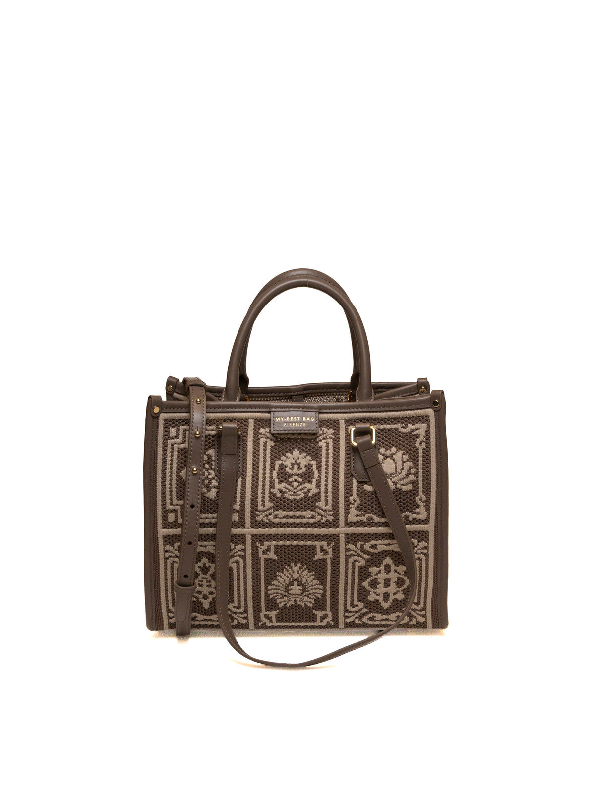 Fronte borsa tote Atena in tessuto jacquard e pelle marrone MY-BEST BAG con logo dorato
