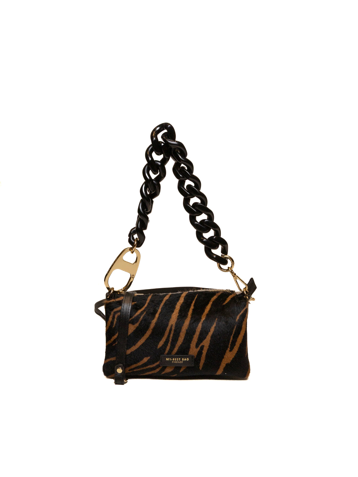 Borsa a spalla in cavallino tigrato MY-BEST BAG con logo dorato sul fronte