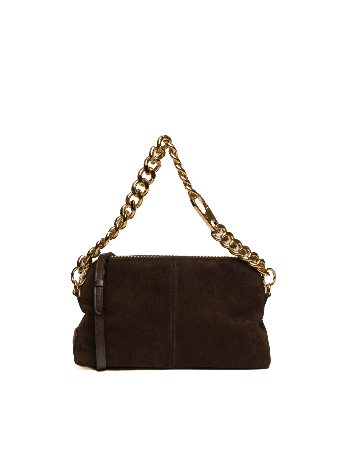 Borsa a spalla in camoscio marrone scuro MY-BEST BAG con catena dorata vista frontale
