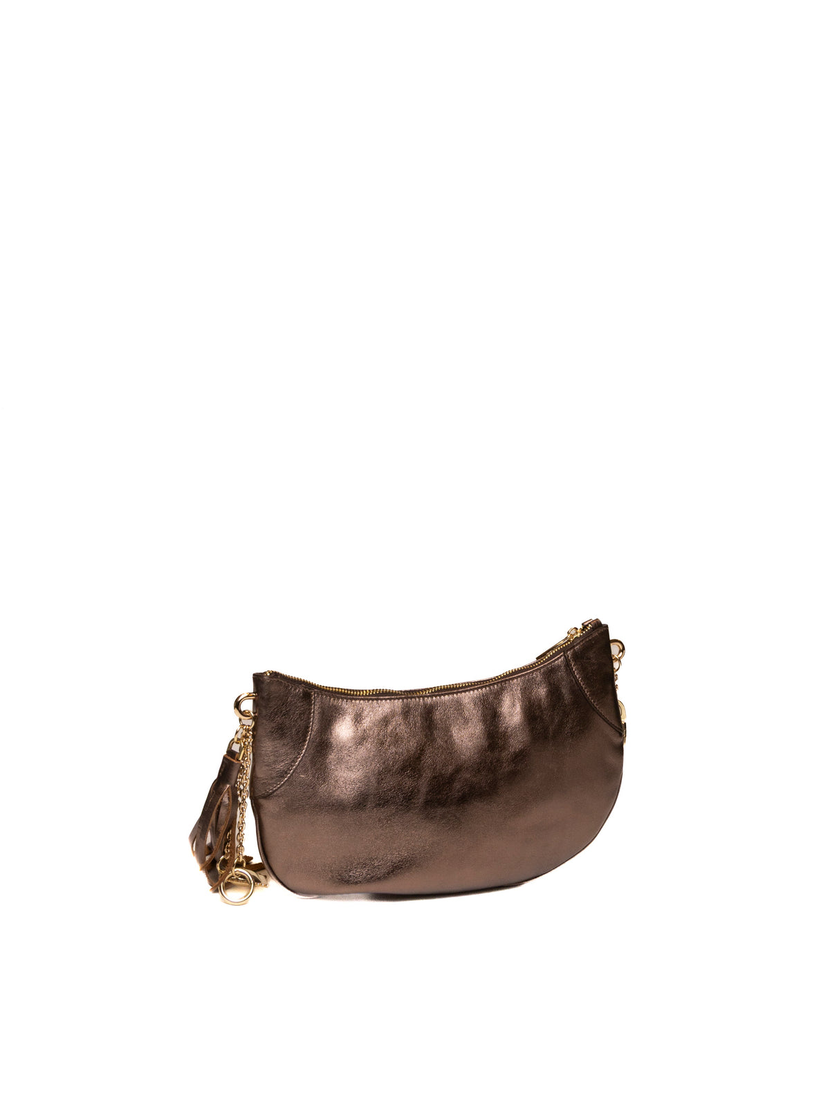 Vista posteriore della borsa hobo laminata bronzo MY-BEST BAG con pannello liscio e frange