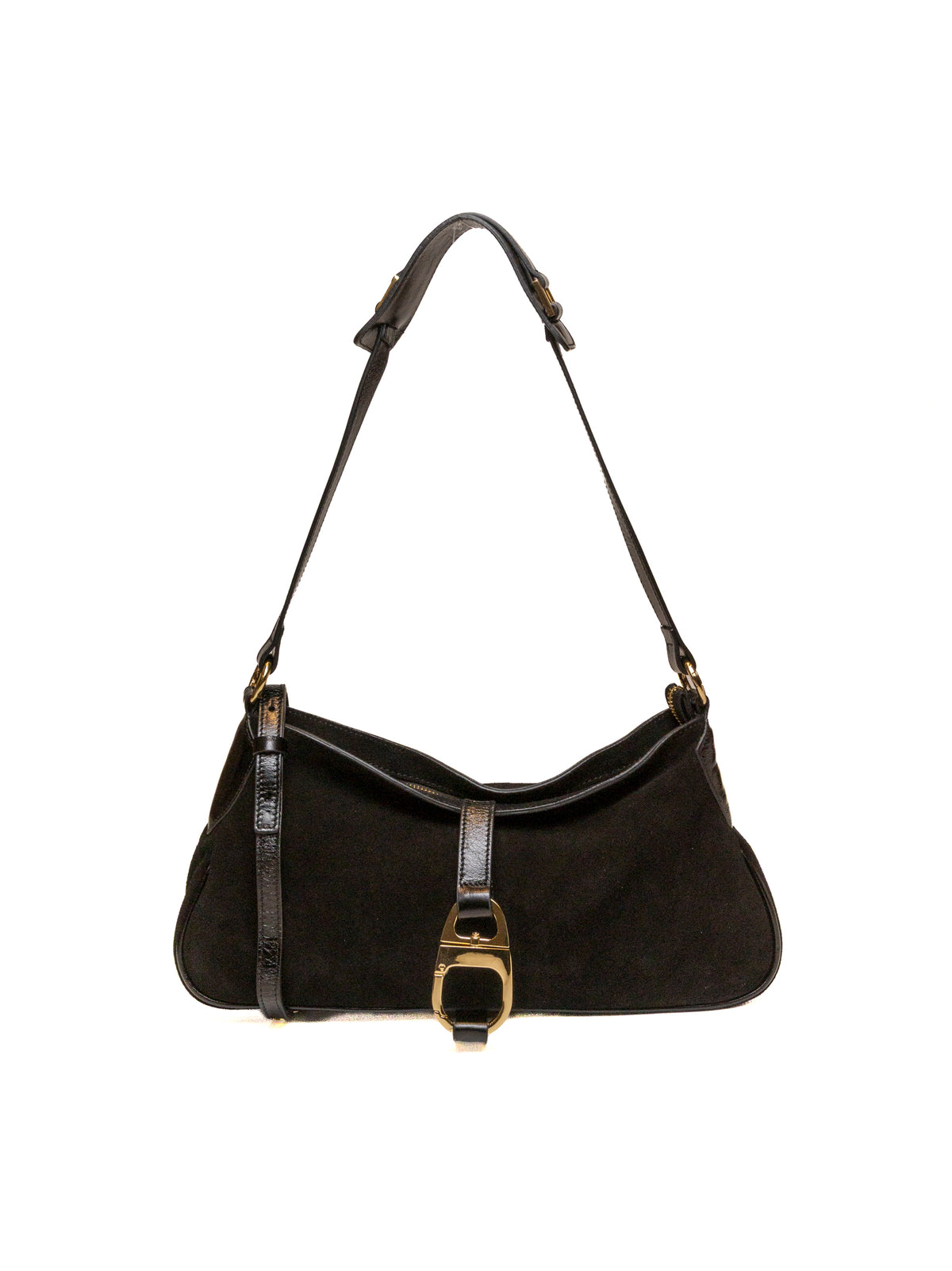 Borsa hobo a spalla in camoscio nero MY-BEST BAG vista frontale con fibbia dorata