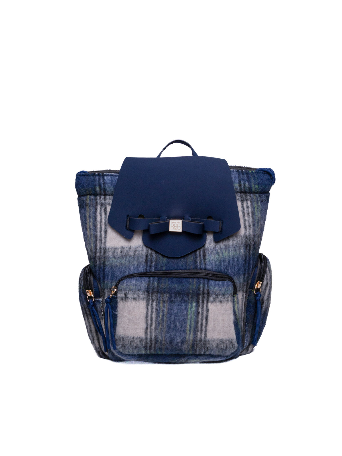 Zaino in lycra tartan blu Save My Bag con patta, fiocco e tasca frontale