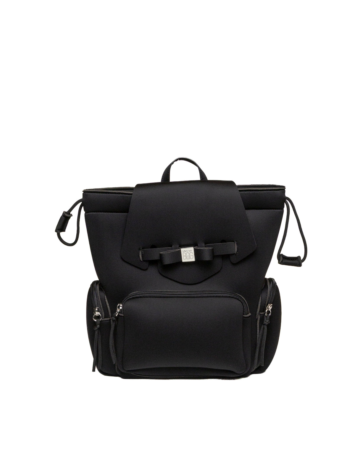Zaino nero in lycra SAVE MY BAG vista frontale con tre tasche zippate e patta