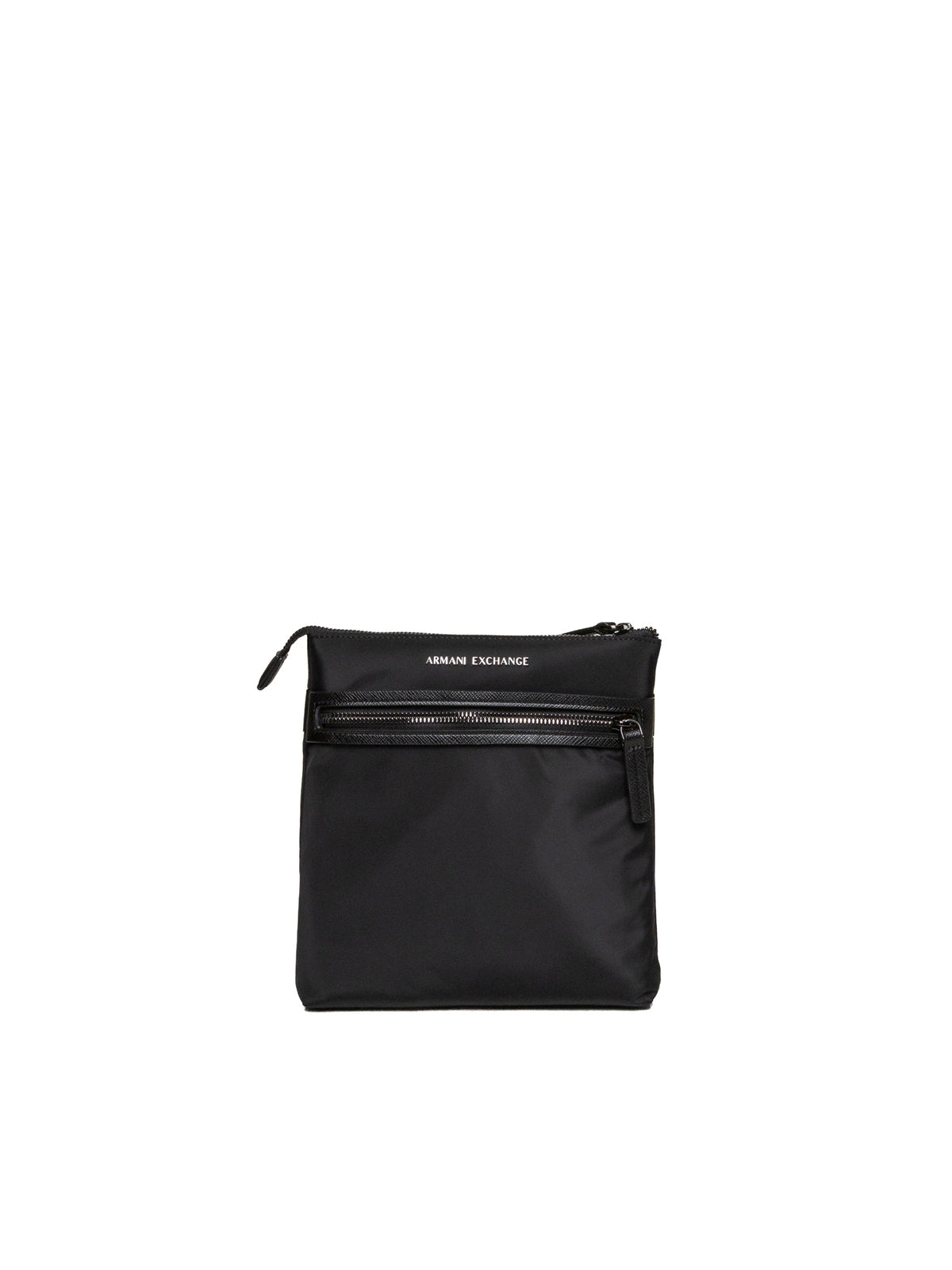 Borsa piattina nera Armani Exchange vista frontale con tasca con zip e logo bianco