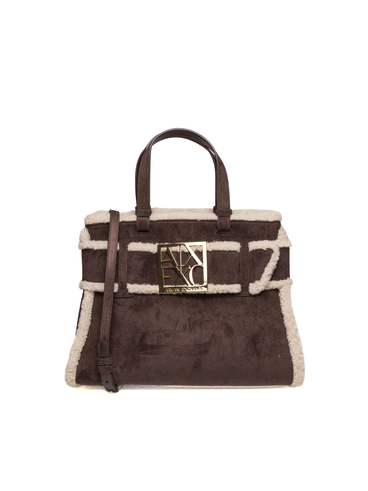 Borsa shopping Armani Exchange marrone moro e teddy vista frontale con logo dorato