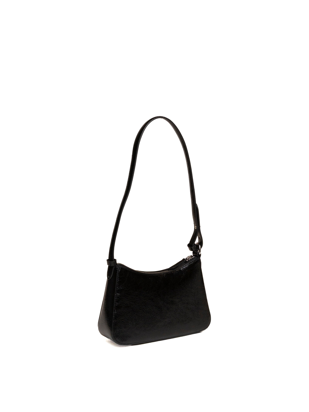 Vista posteriore della borsa a spalla in pelle nera Armani Exchange con tracolla regolabile