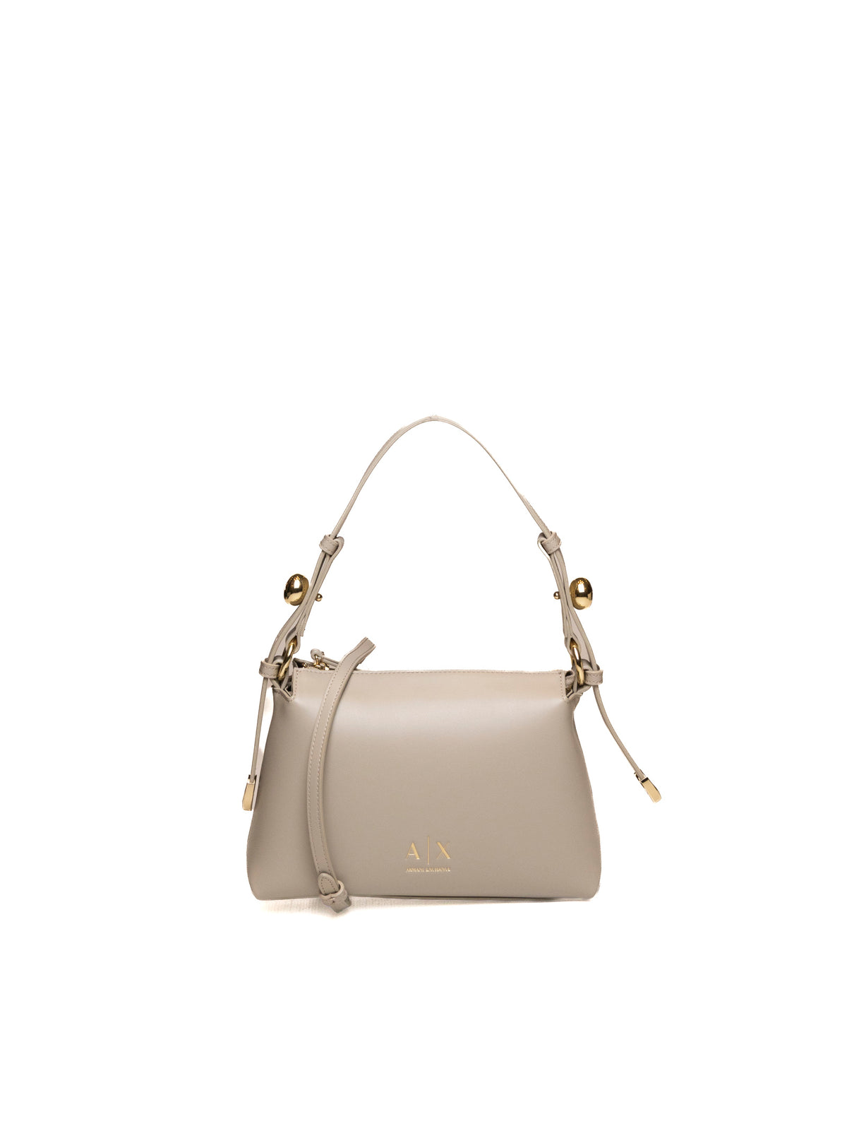 Borsa a spalla in pelle beige Armani Exchange vista frontale con logo dorato e tracolla