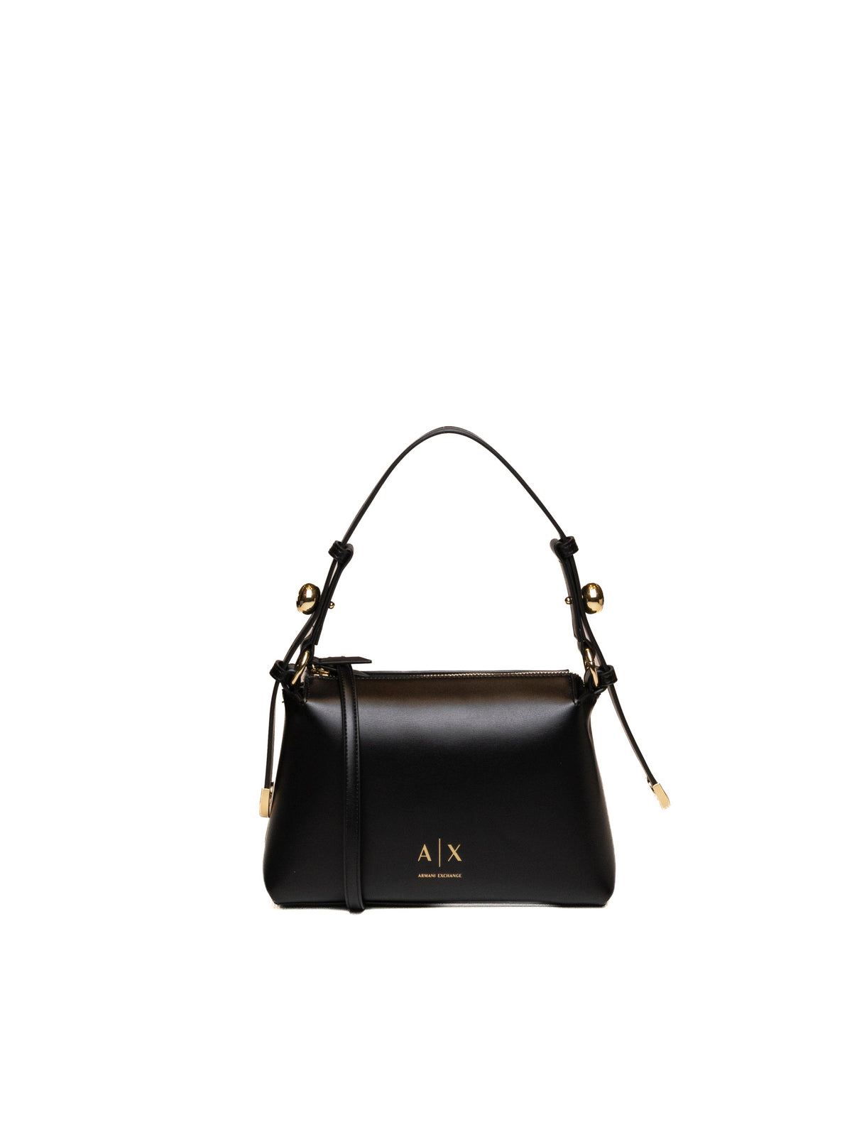 Borsa a spalla in pelle nera Armani Exchange vista frontale con logo e dettagli dorati