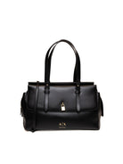 Borsa a spalla in pelle nera Armani Exchange con lucchetto dorato vista frontale