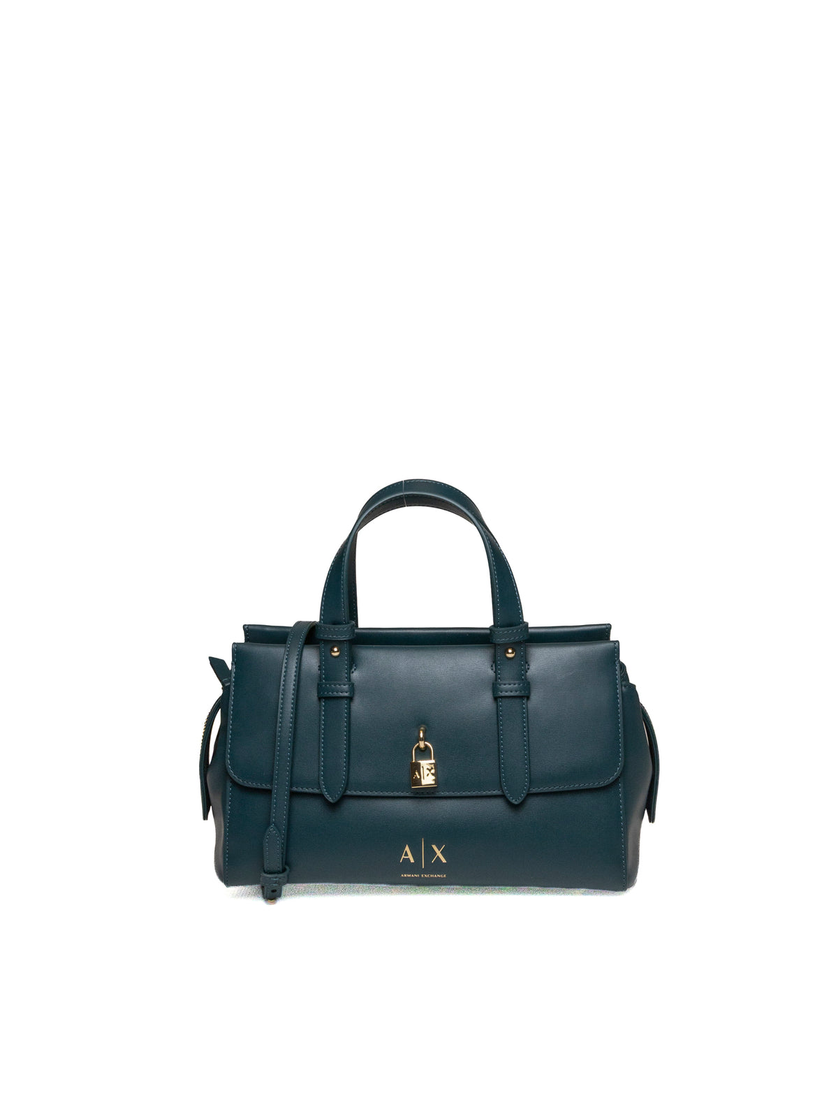 Borsa a mano in pelle verde Armani Exchange con lucchetto dorato vista frontale