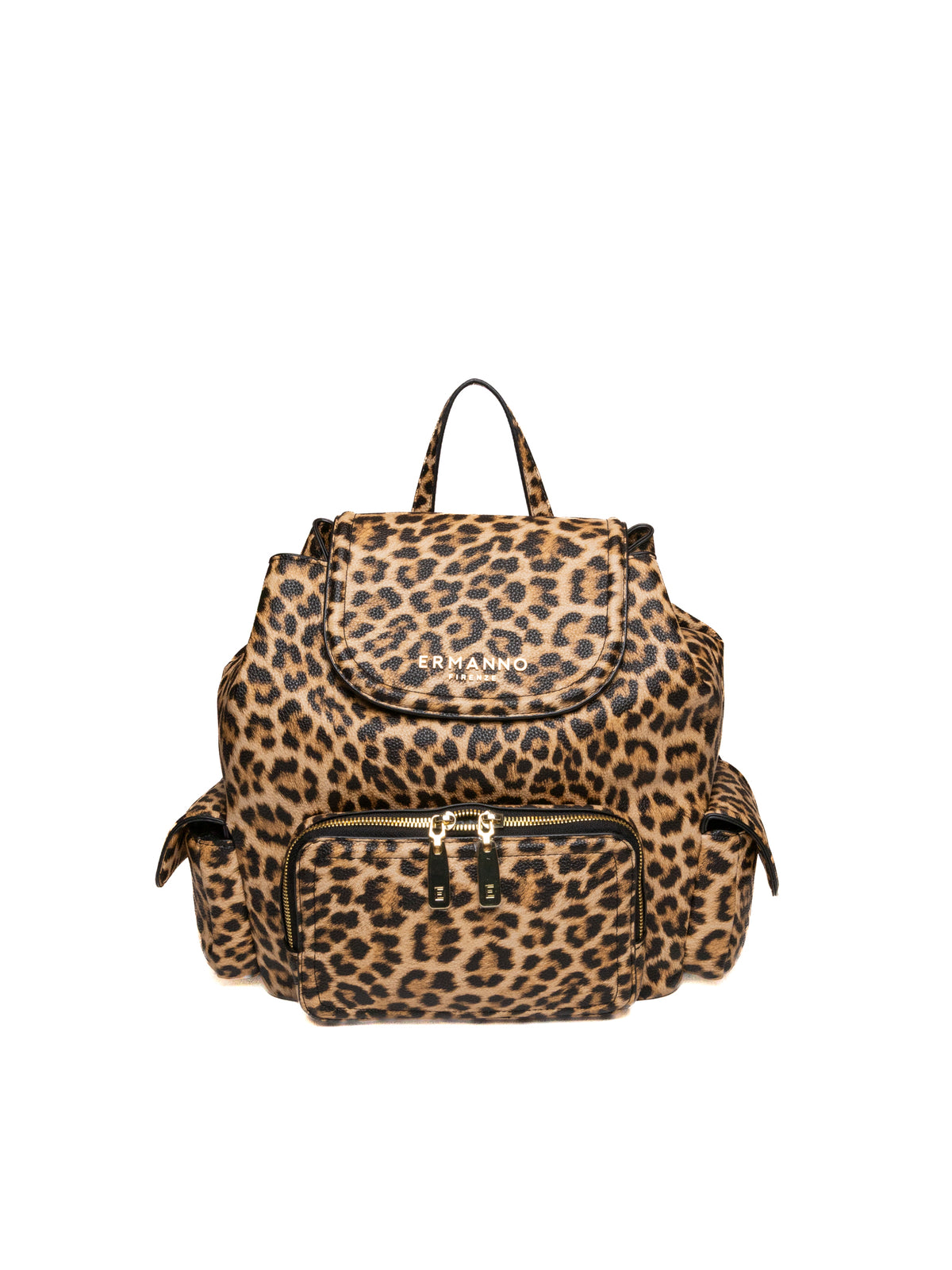 Zaino in pelle leopardato Ermanno Scervino vista frontale con tasca zippata e logo dorato