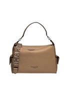 Borsa hobo in pelle sand Ermanno Scervino vista frontale con tracolla in tessuto e logo