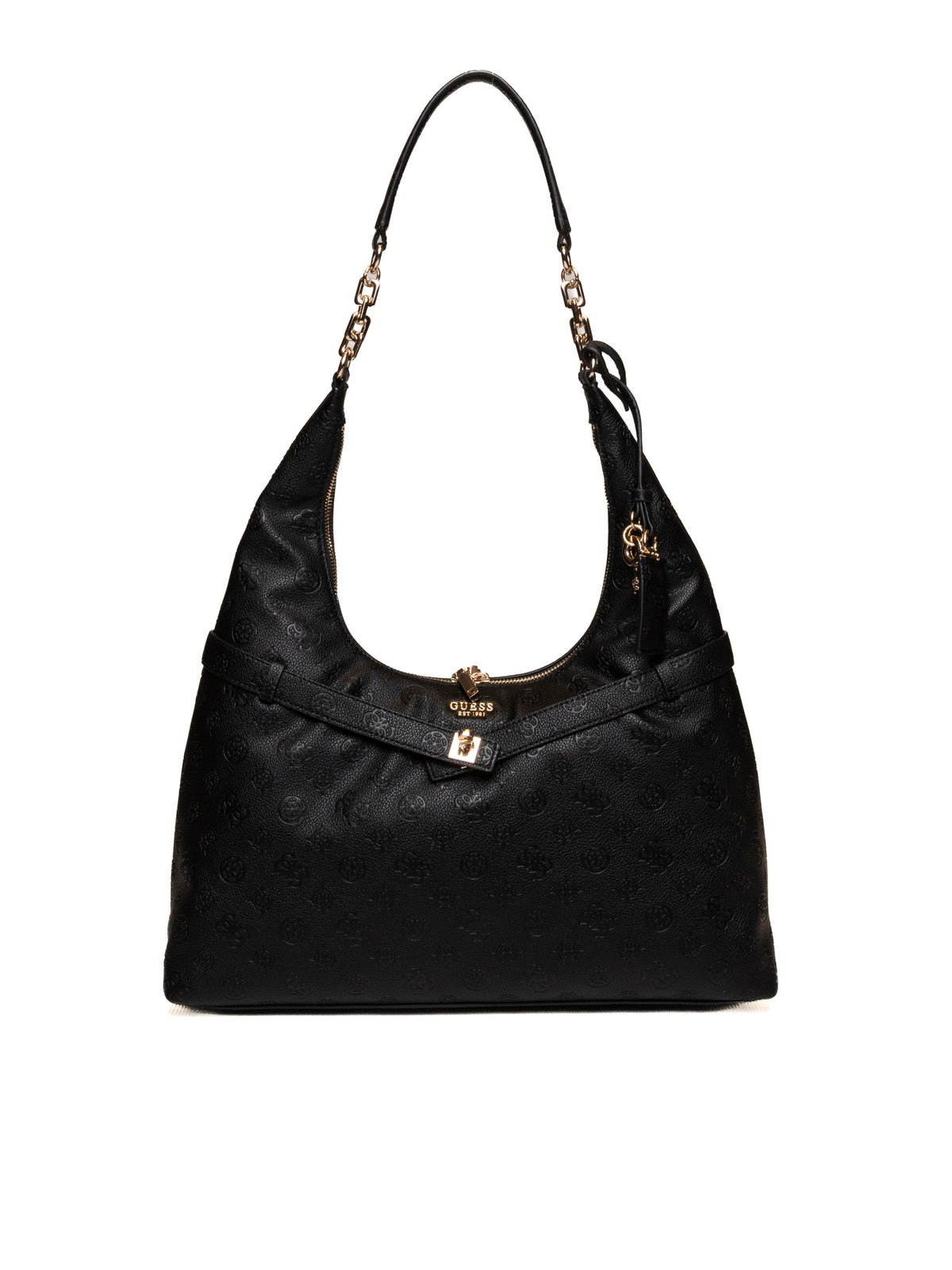 Borsa hobo in pelle nera GUESS con logo dorato e lucchetto vista dal fronte