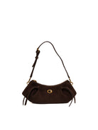 Borsa a spalla marrone scuro GUESS vista frontale con logo dorato e lacci pendenti