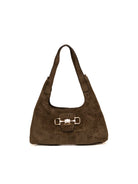 Borsa hobo Sunset verde oliva GUESS vista frontale con morsetto metallico e logo dorato