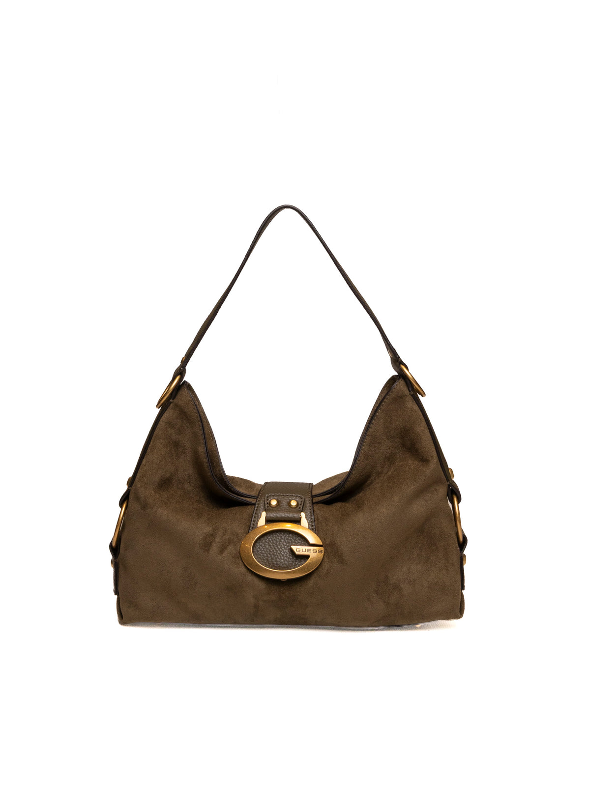 Borsa hobo Camden in camoscio verde oliva Guess vista frontale con fibbia dorata