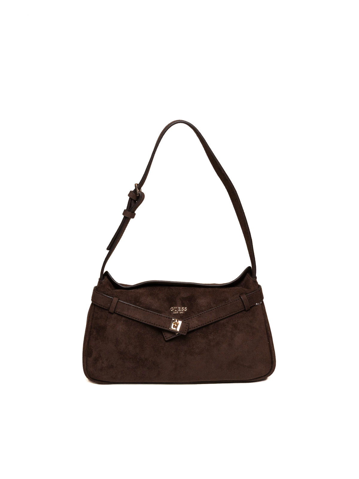 Borsa a spalla baguette marrone GUESS vista frontalmente con logo dorato e cinturino