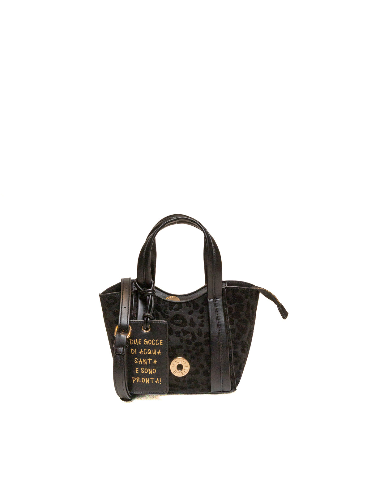 Borsa a mano Vicky in tessuto leopardato nero Le Pandorine vista frontale con targhetta