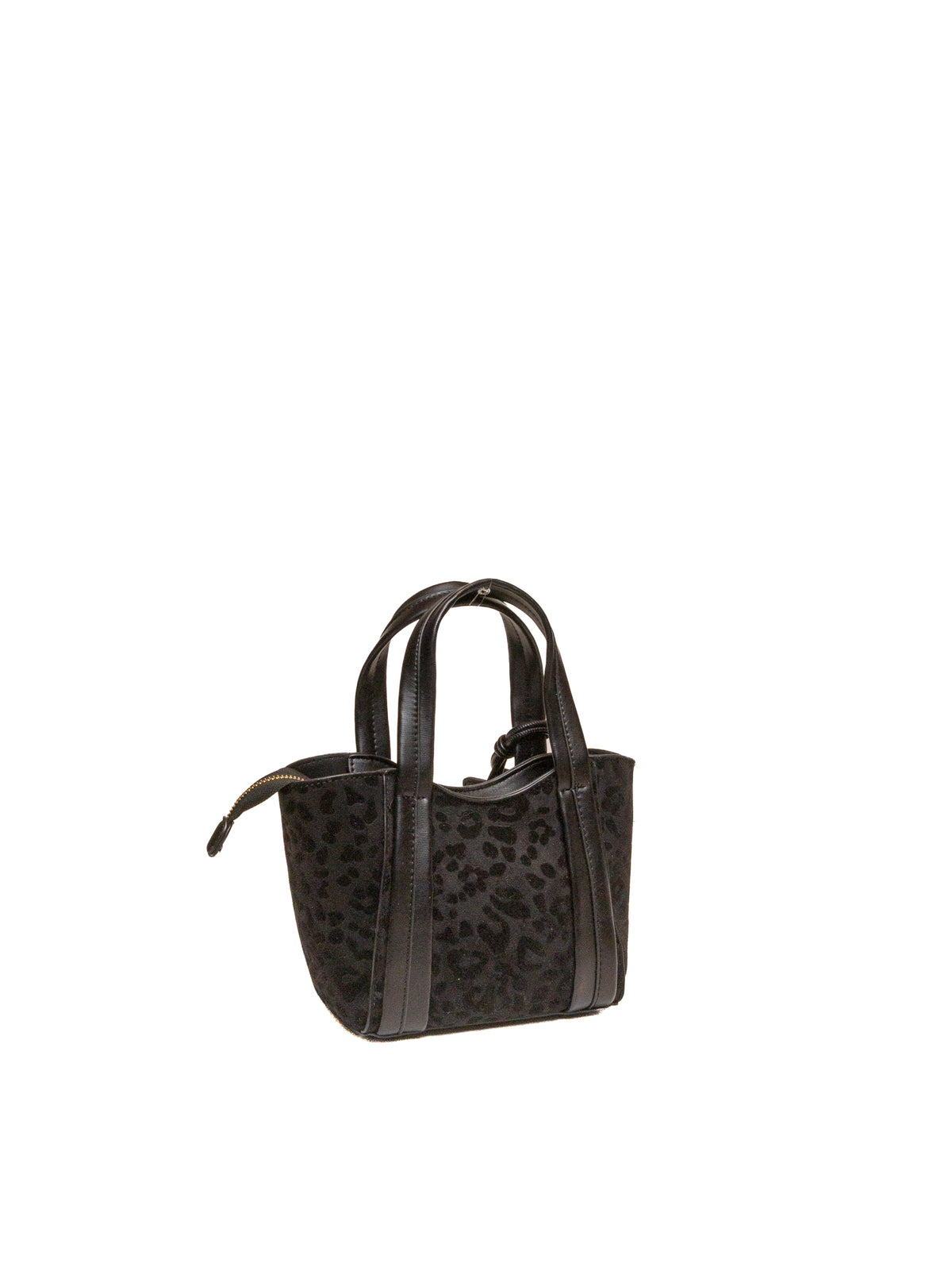 Borsa a mano Vicky in tessuto leopardato nero Le Pandorine vista posteriore di tre quarti