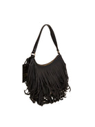 Borsa hobo Le Pandorine nera in suede con targhetta con scritta dorata vista tre quarti