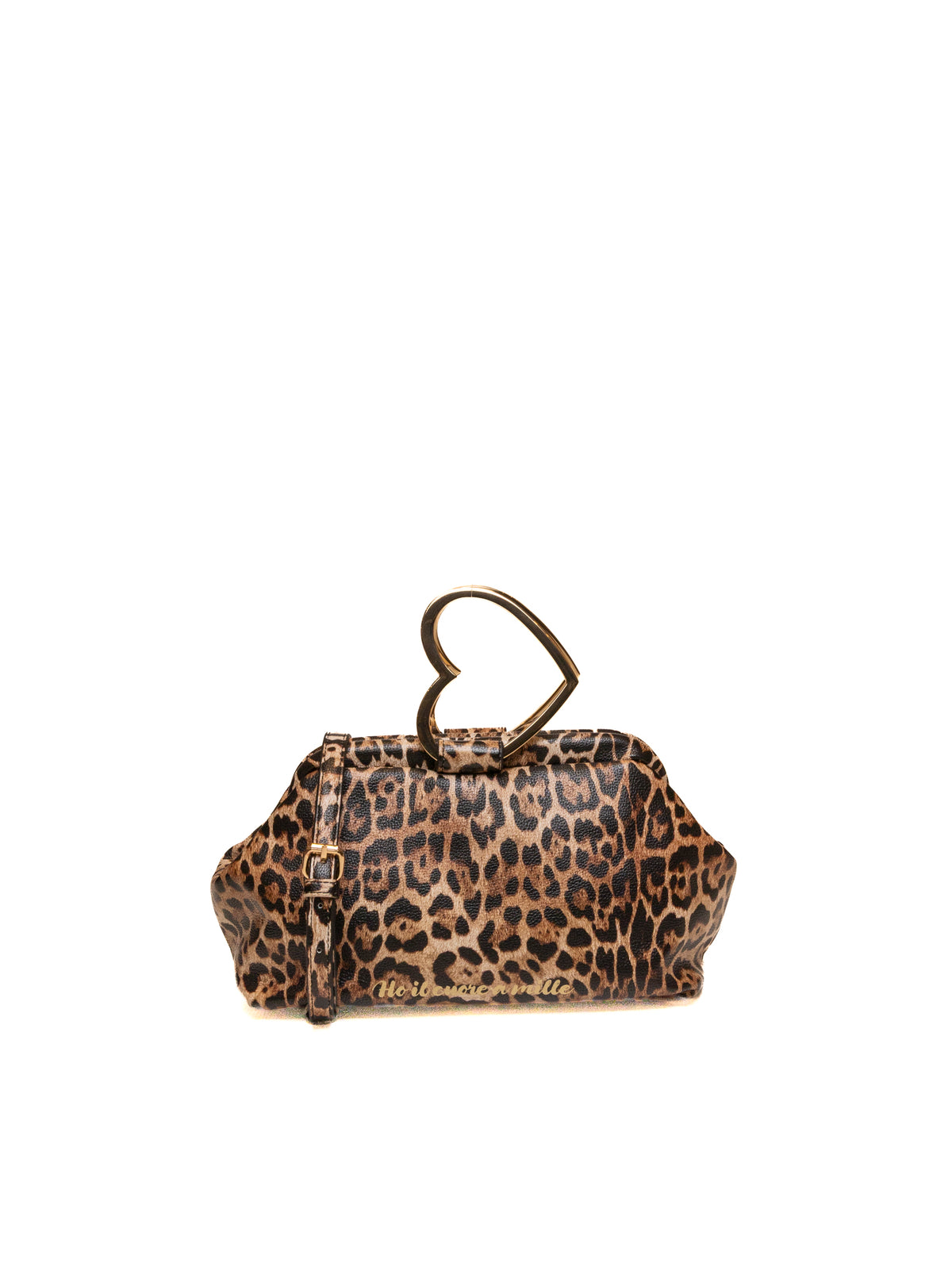 Pochette a tracolla maculata Le Pandorine con manico a cuore e scritta sul fronte
