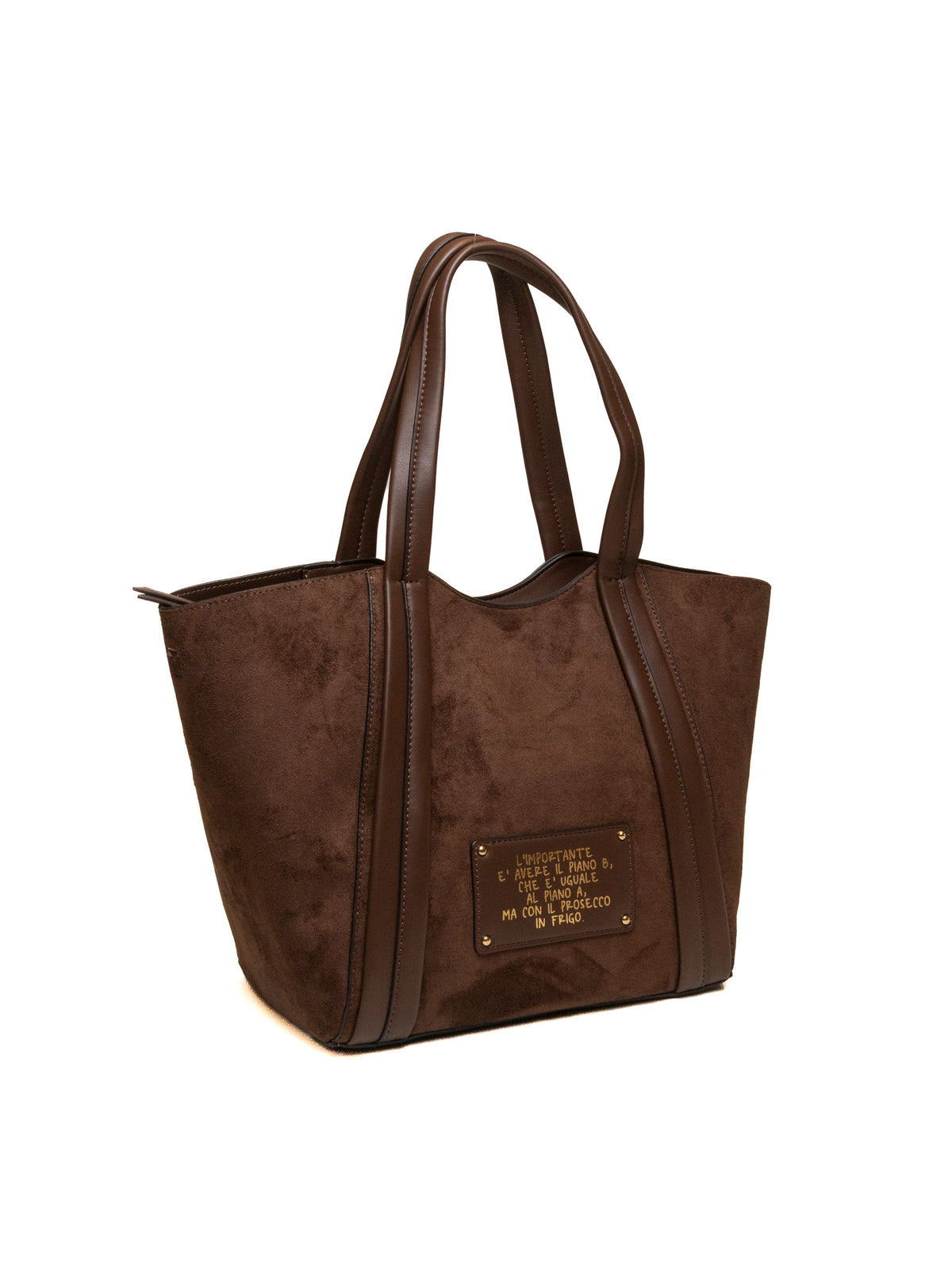 Borsa shopper Vicky Le Pandorine vista posteriore con targhetta e citazione stampata
