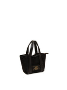 Borsa mini tote in camoscio nero Le Pandorine vista posteriore con targhetta metallica incisa