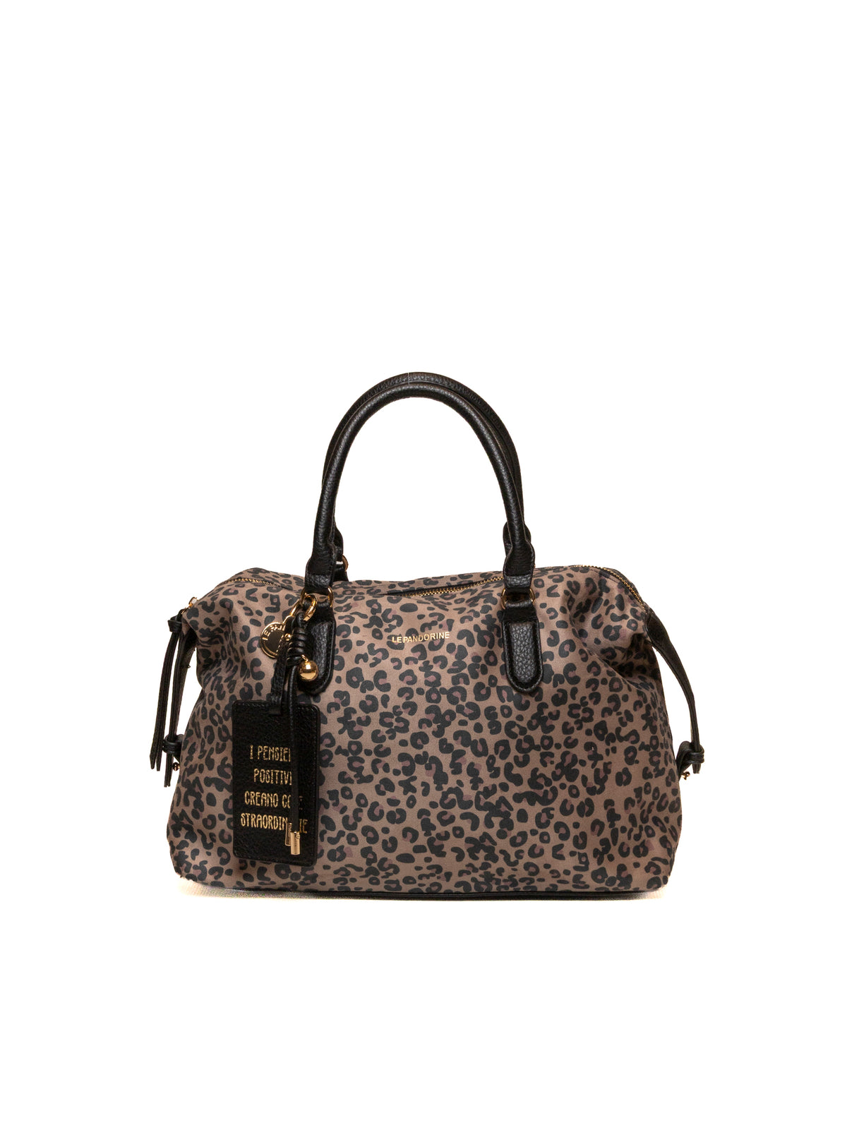 Borsa a bauletto in suede maculato Le Pandorine vista frontale con doppi manici e pendente