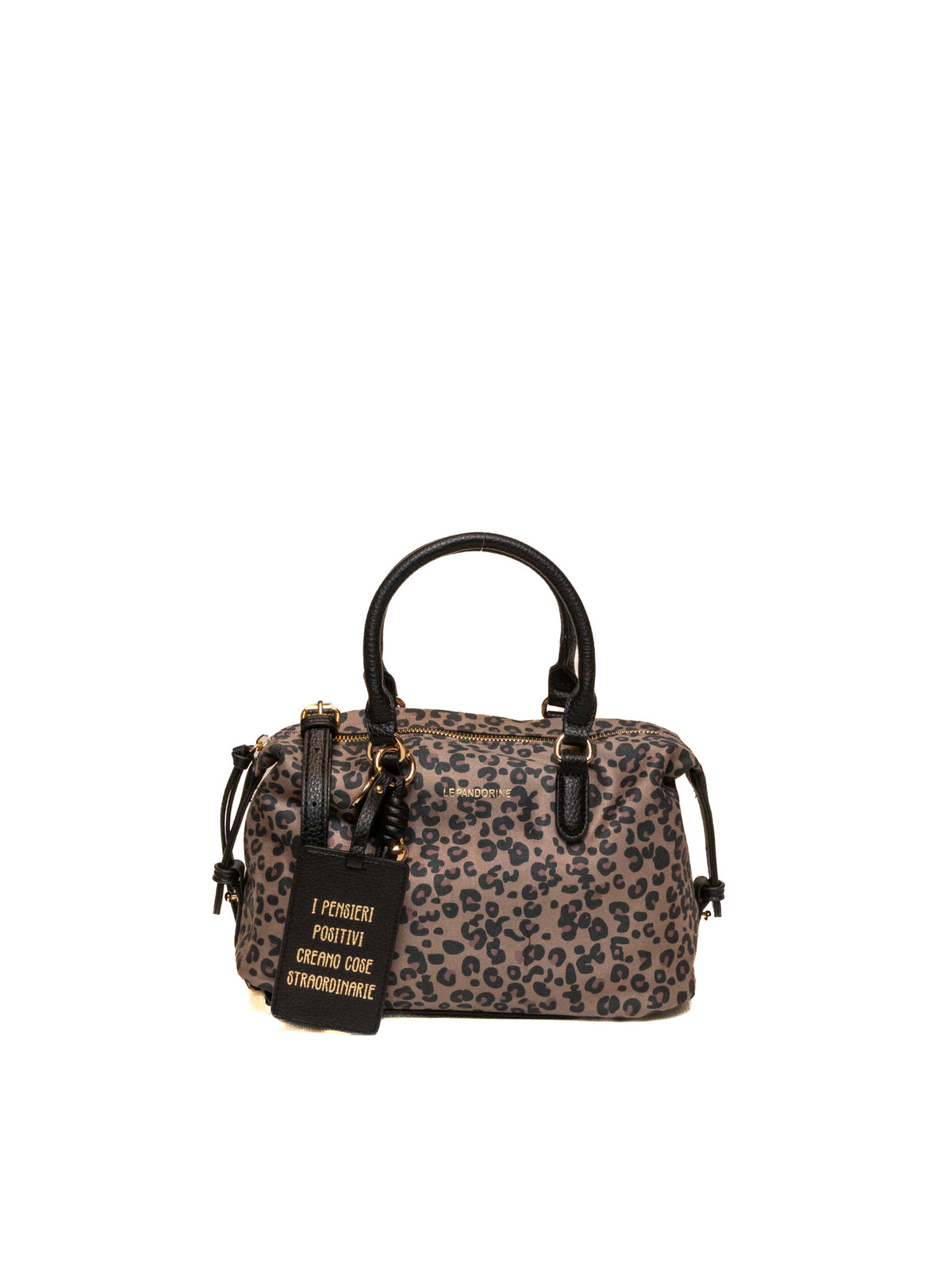 Bauletto maculato Le Pandorine in suede fronte con logo dorato, manici e targhetta pendente