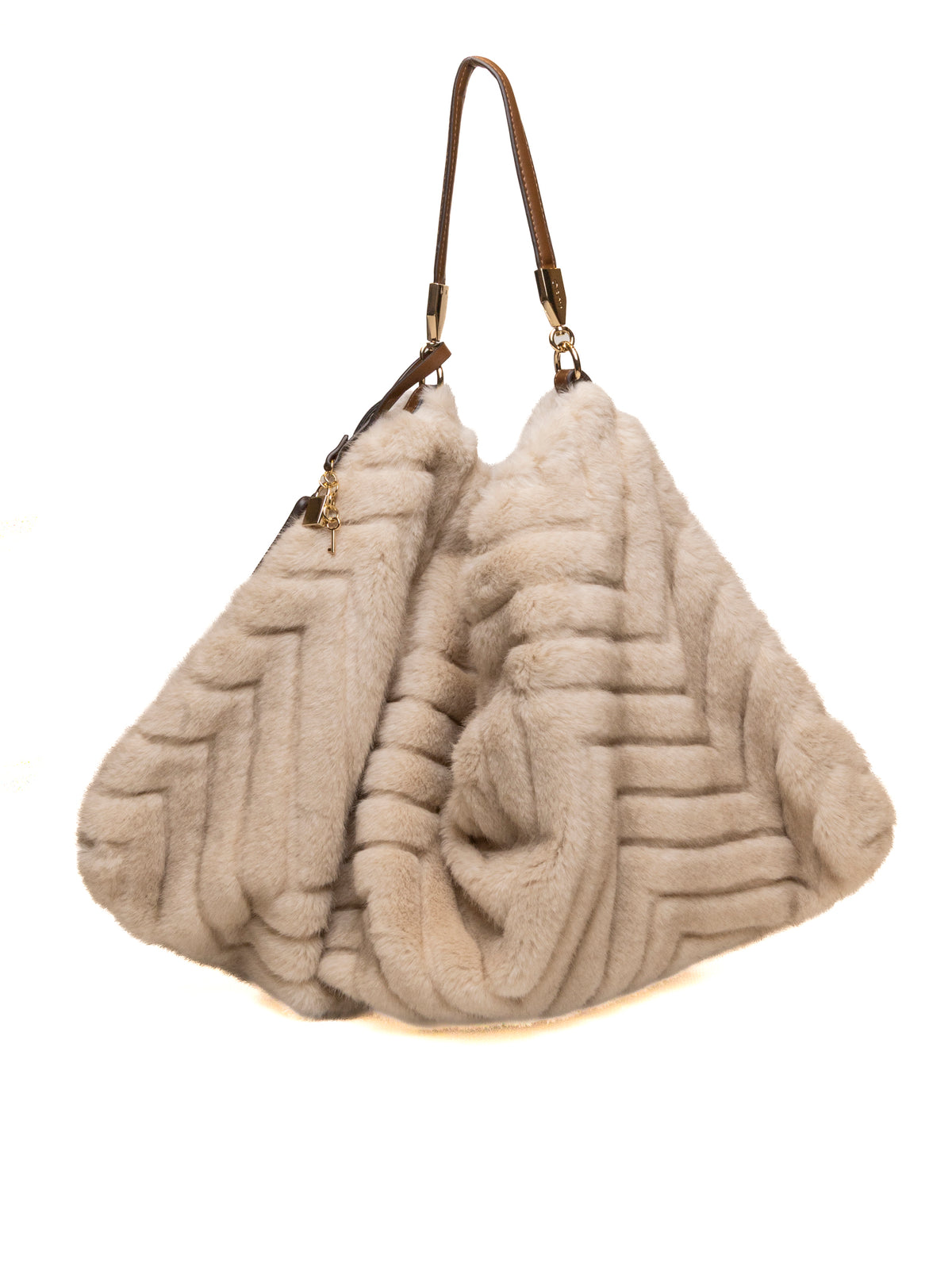 Borsa hobo in pelliccia cream LIU JO vista frontale con charm e manico in pelle