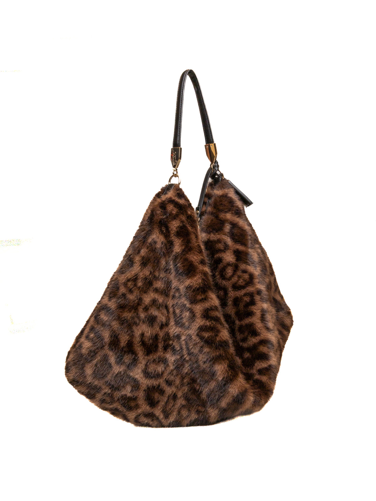 Borsa hobo LIU JO in ecopelliccia maculata vista di tre quarti con dettagli dorati