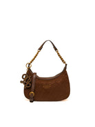 Borsa hobo in camoscio tabacco LIU JO vista frontalmente con monogramma e dettagli dorati