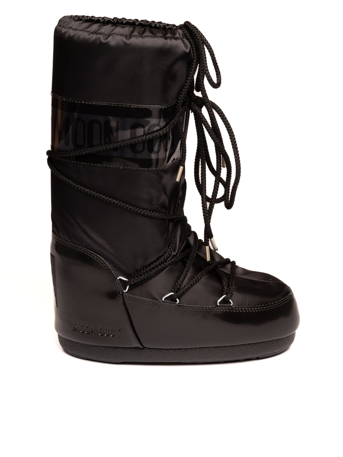 Doposci in nylon nero MOON BOOT vista laterale con allacciatura incrociata e logo