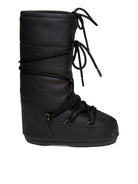 Vista laterale esterna del doposci Icon Rubber nero Moon Boot in gomma con lacci.