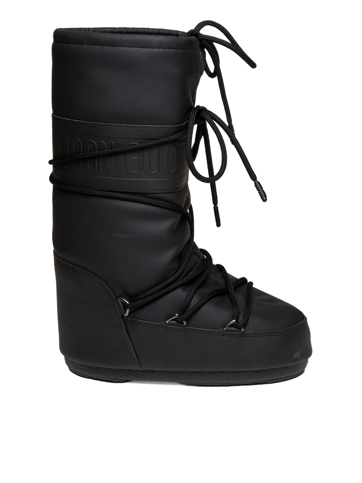 Vista laterale esterna del doposci Icon Rubber nero Moon Boot in gomma con lacci.