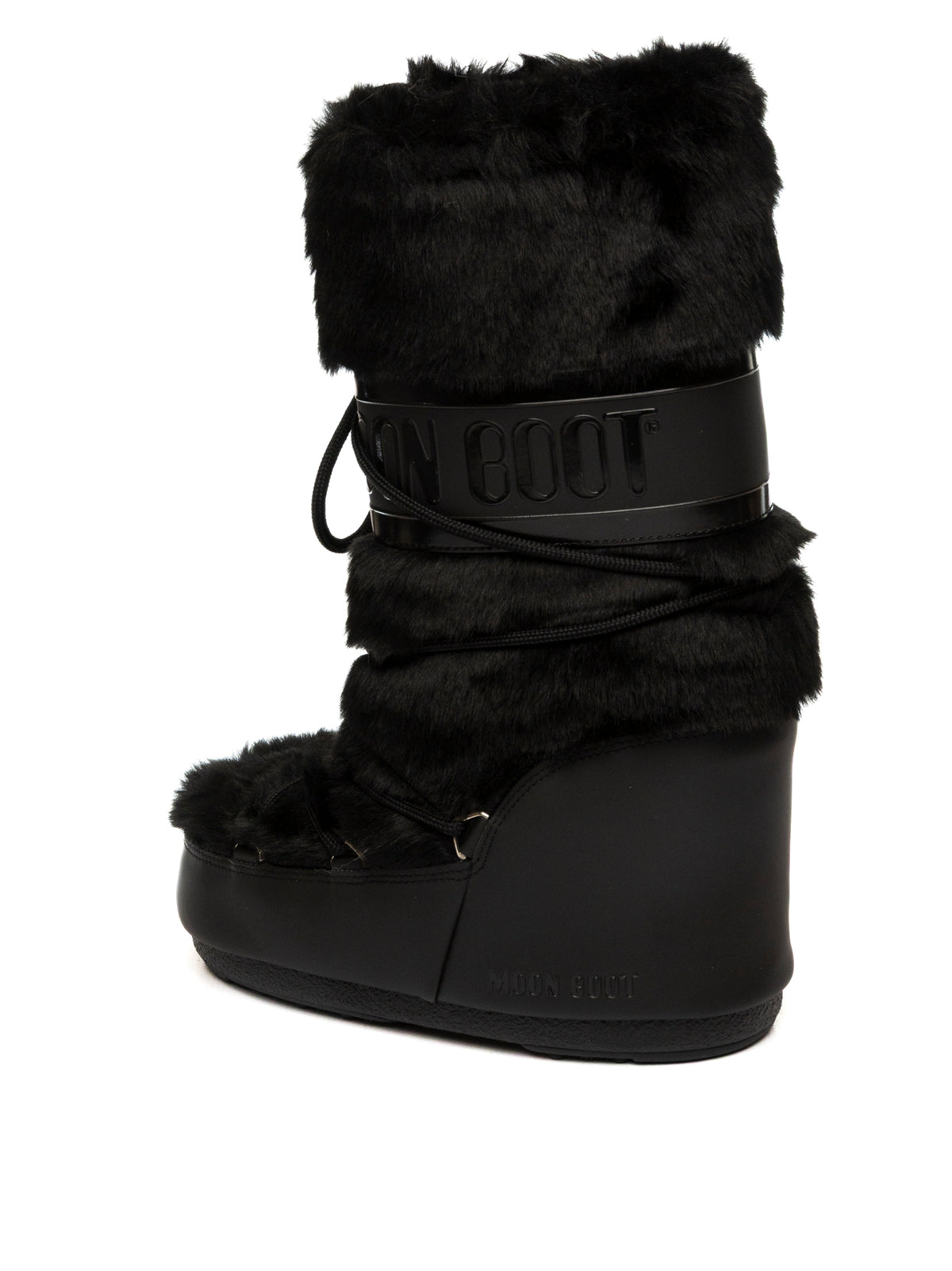 Doposci Icon Faux Fur neri MOON BOOT vista laterale esterna con logo e fascia lucida