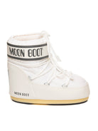 Doposci Icon Low in nylon bianco Moon Boot con vista laterale e suola ambrata
