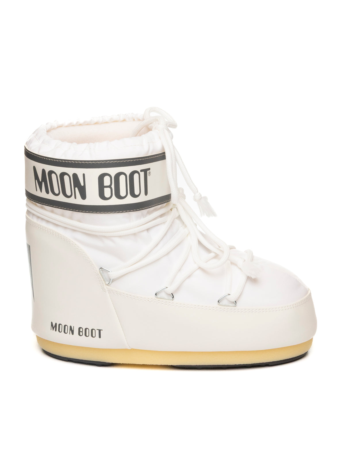 Doposci Icon Low in nylon bianco Moon Boot con vista laterale e suola ambrata