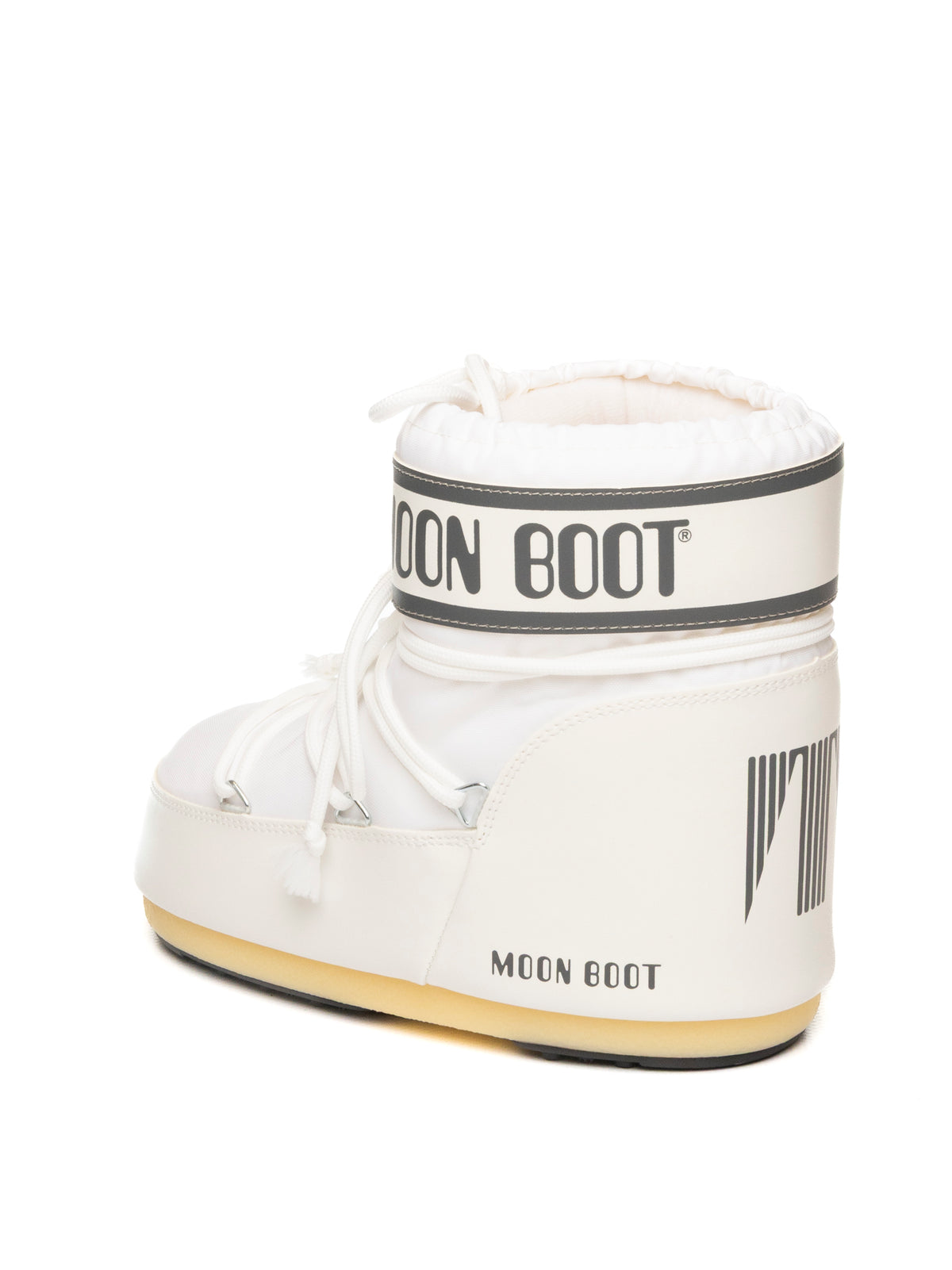 Doposci Icon Low in nylon bianco Moon Boot vista posteriore con grafica del logo